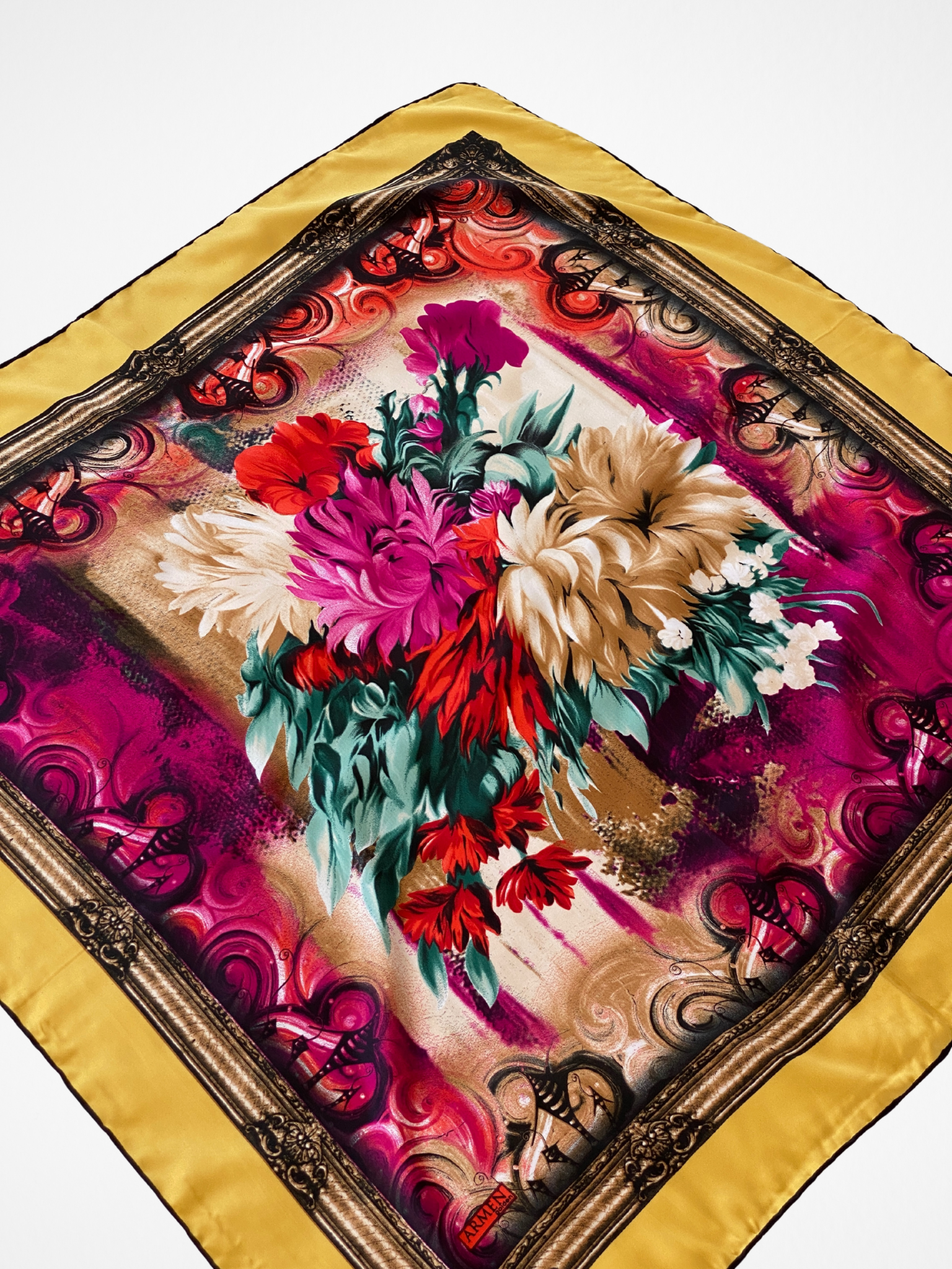 ARMEN Golden Floral Baroque Style Satin Silk Square Scarf