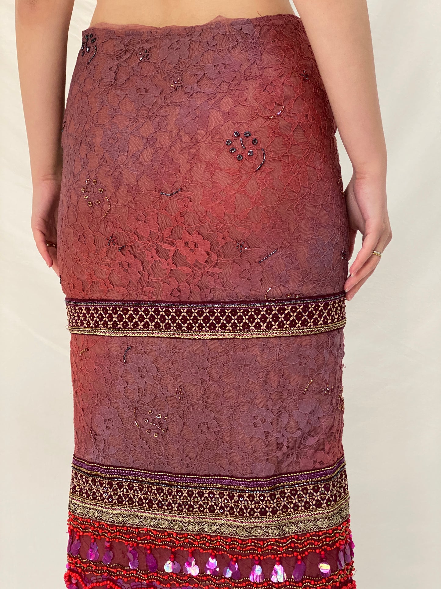 BRITISHINDIA Limited Edition Embellished Lace Maxi Skirt with Beaded Panels & Side Slit -S