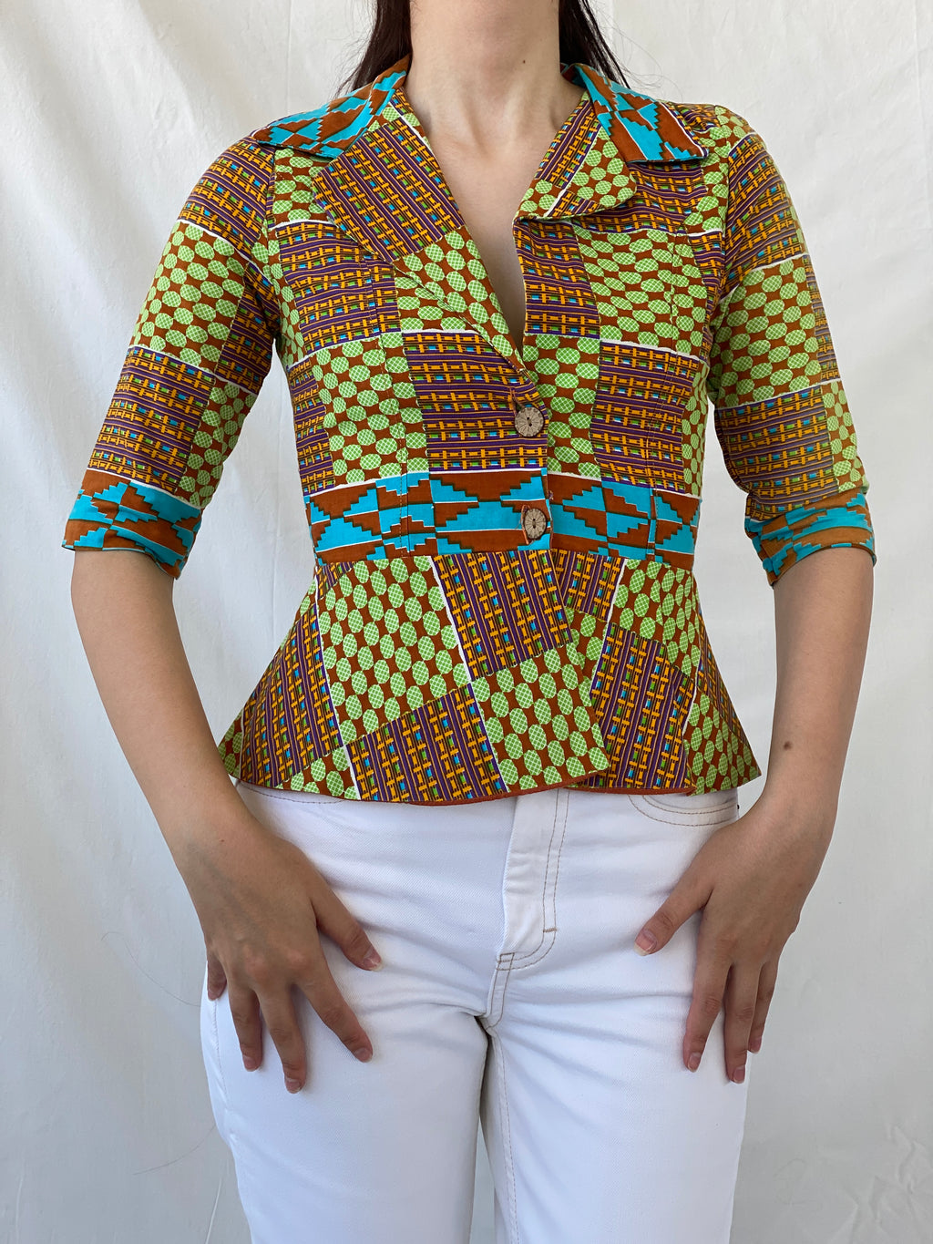 Vintage Handmade Afro Ethnic Print Ankara Short Jacket Green Brown Multicolor Blazer - S