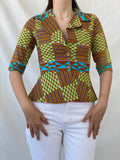 Vintage Handmade Afro Ethnic Print Ankara Short Jacket Green Brown Multicolor Blazer - S