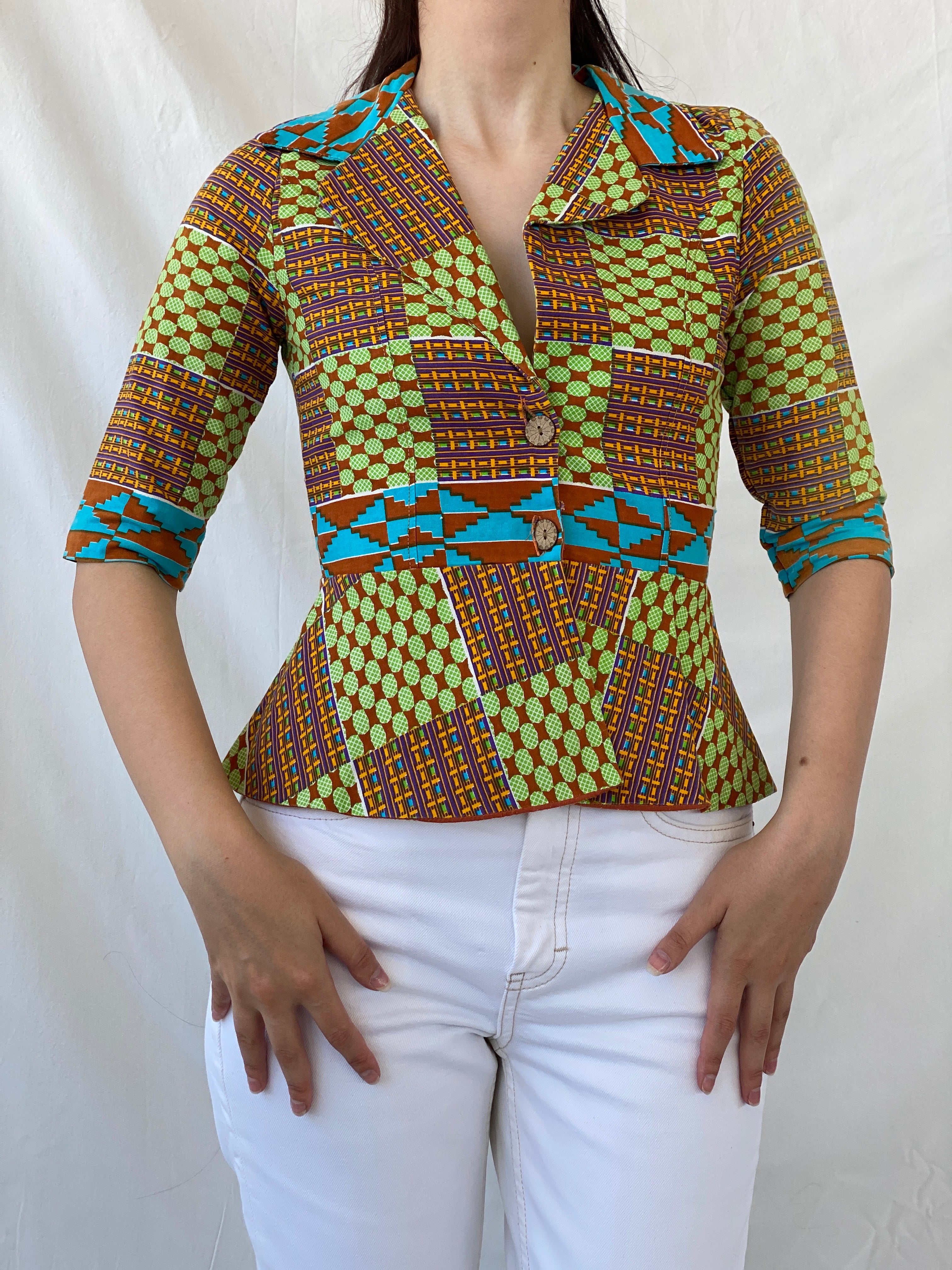 Vintage Handmade Afro Ethnic Print Ankara Short Jacket Green Brown Multicolor Blazer - S