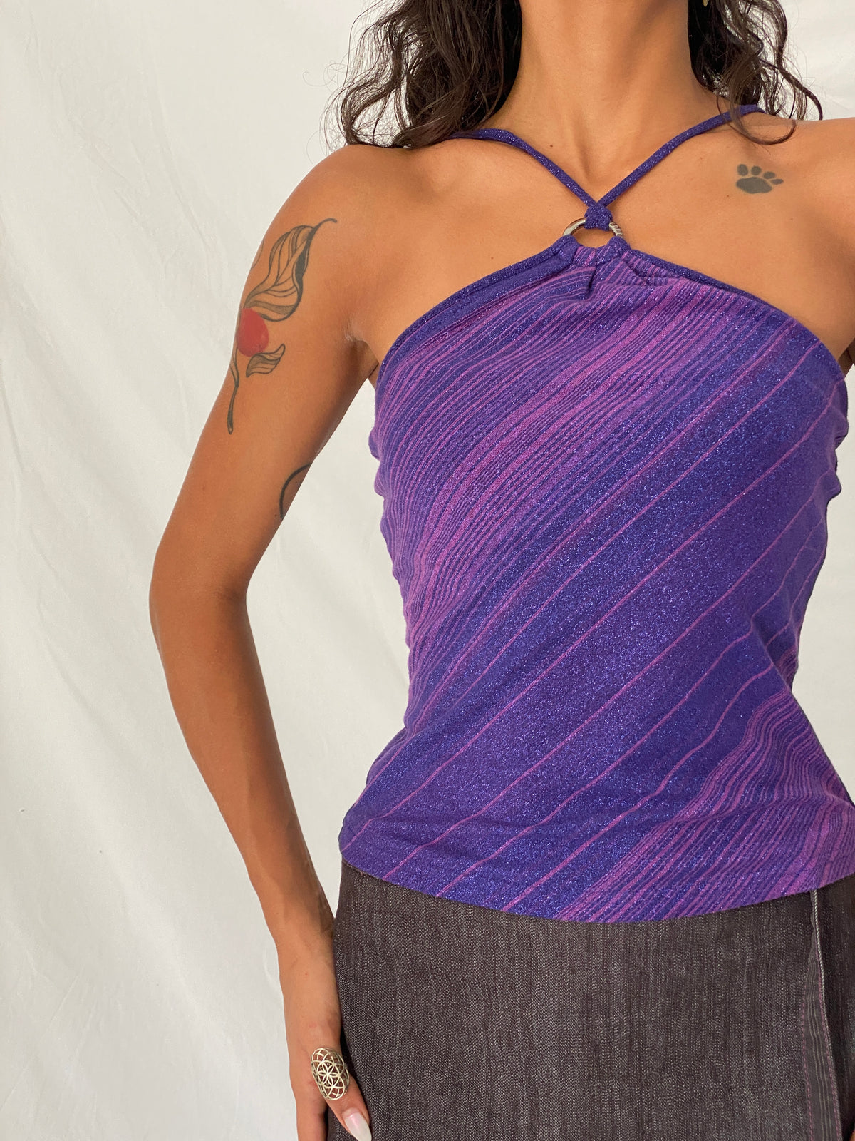 Vintage Y2K Express Purple Metallic Striped O-Ring Halter Top - S Vintage Y2K Express Purple Metallic Striped O-Ring Halter Top - S