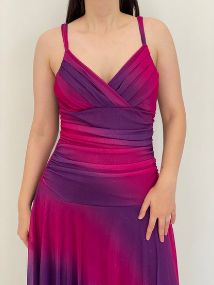 Vintage Y2K Three Pink Hearts Pink & Purple Ombré Glitter Mesh Handkerchief Midi Dress - L