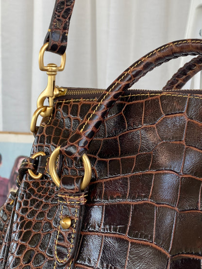 Dooney & Bourke Brown Croc Print Designer Hand Bag with Side Tassels and Gold Details