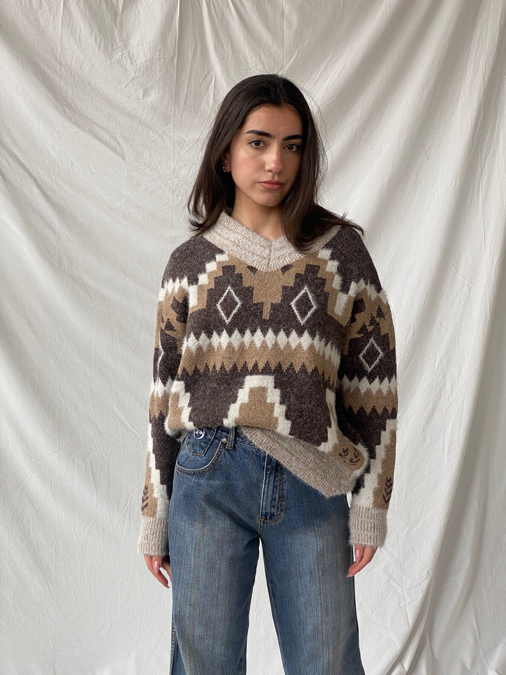 Vintage Wool & Mohair Geometric Icelandic Print V-Neck Handmade Knit Sweater - M
