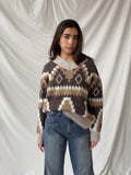 Vintage Wool & Mohair Geometric Icelandic Print V-Neck Handmade Knit Sweater - M