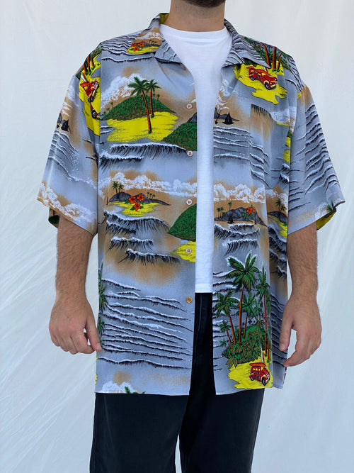 00s Koman Sport Hawaiian Palm Trees Button Shirt - 2XL