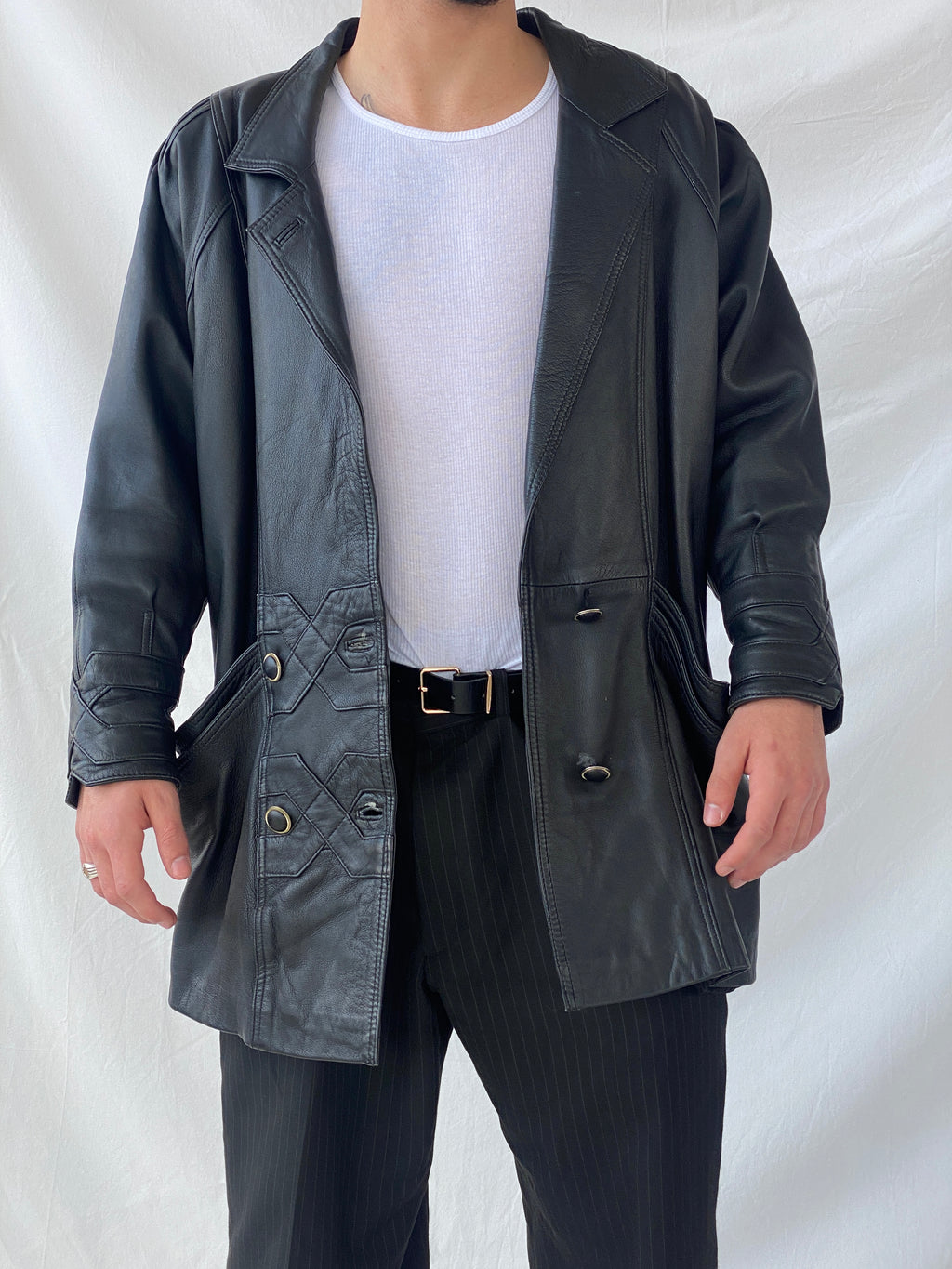 Statement 90s Vintage Genuine Italian Black Leather Coat with Geometric Details - L