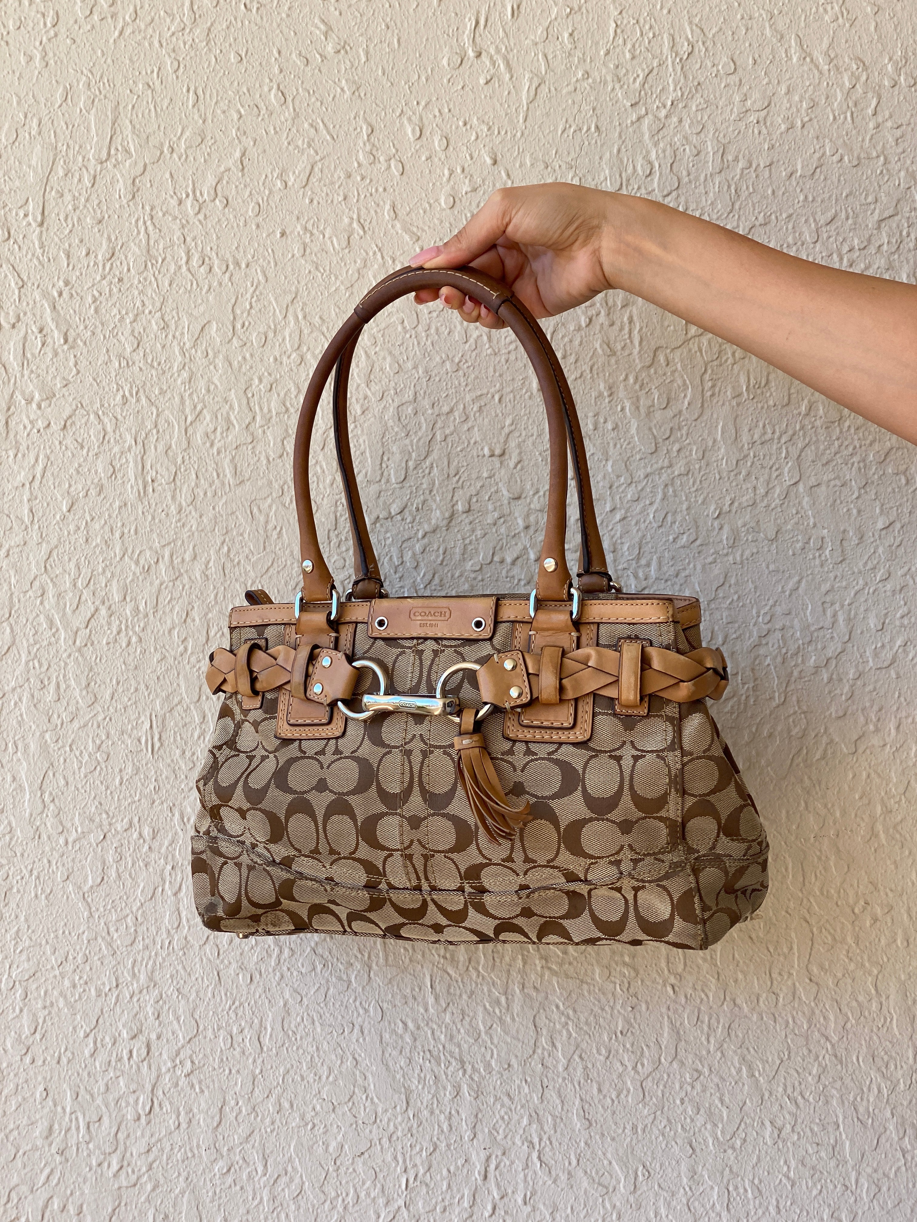 Coach Hampton Carryall Signature C Monogram Purse Braided Leather Trim Khaki Tan Satchel Shoulder Bag