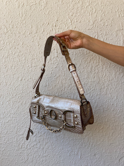 Vintage Y2K Guess Croc-Embossed Taupe Leather Shoulder Bag