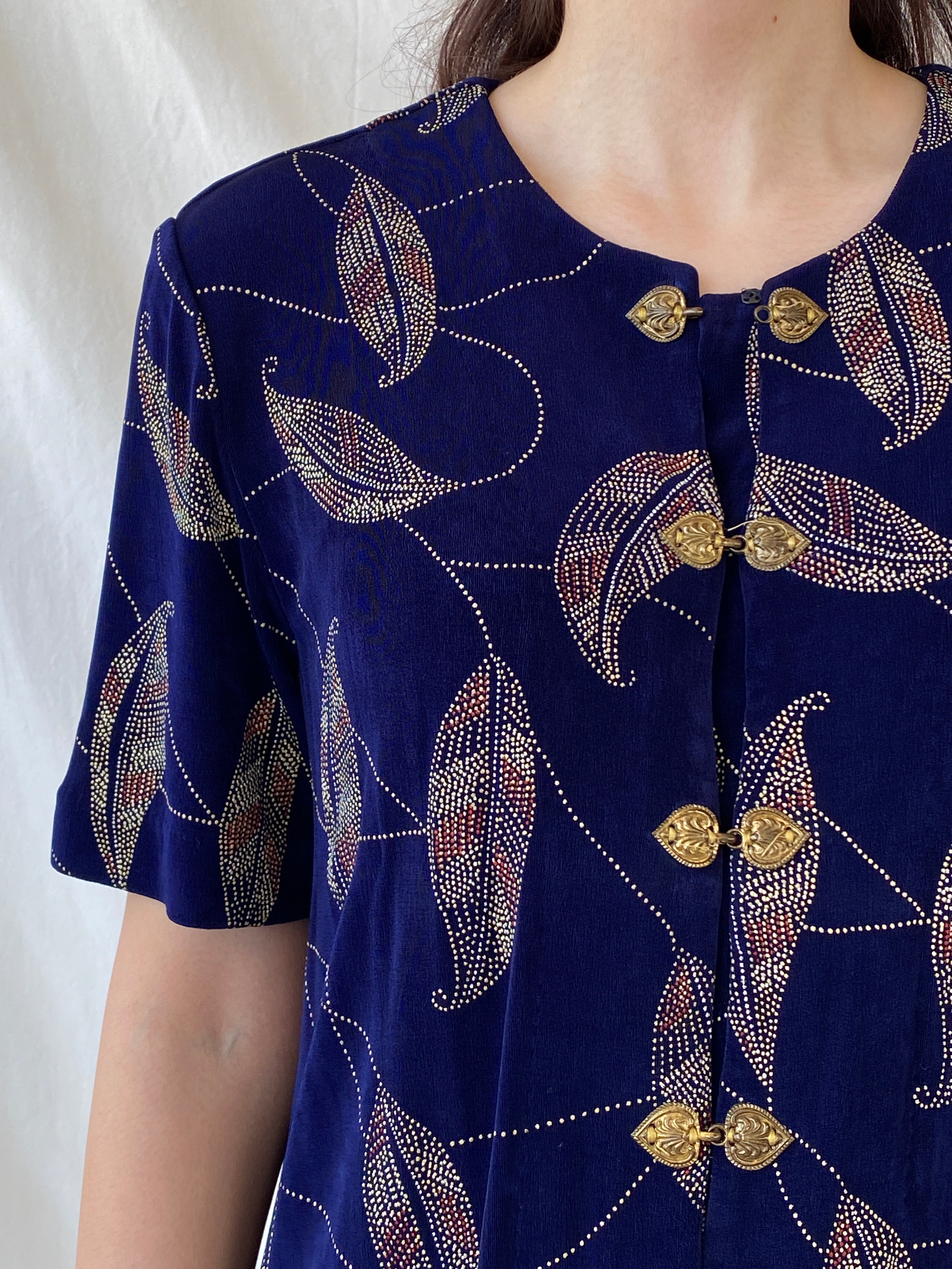 Vintage Navy Blue Gold Leaf Print Cardigan Blouse with Ornate Bronze Clasp Closures - L