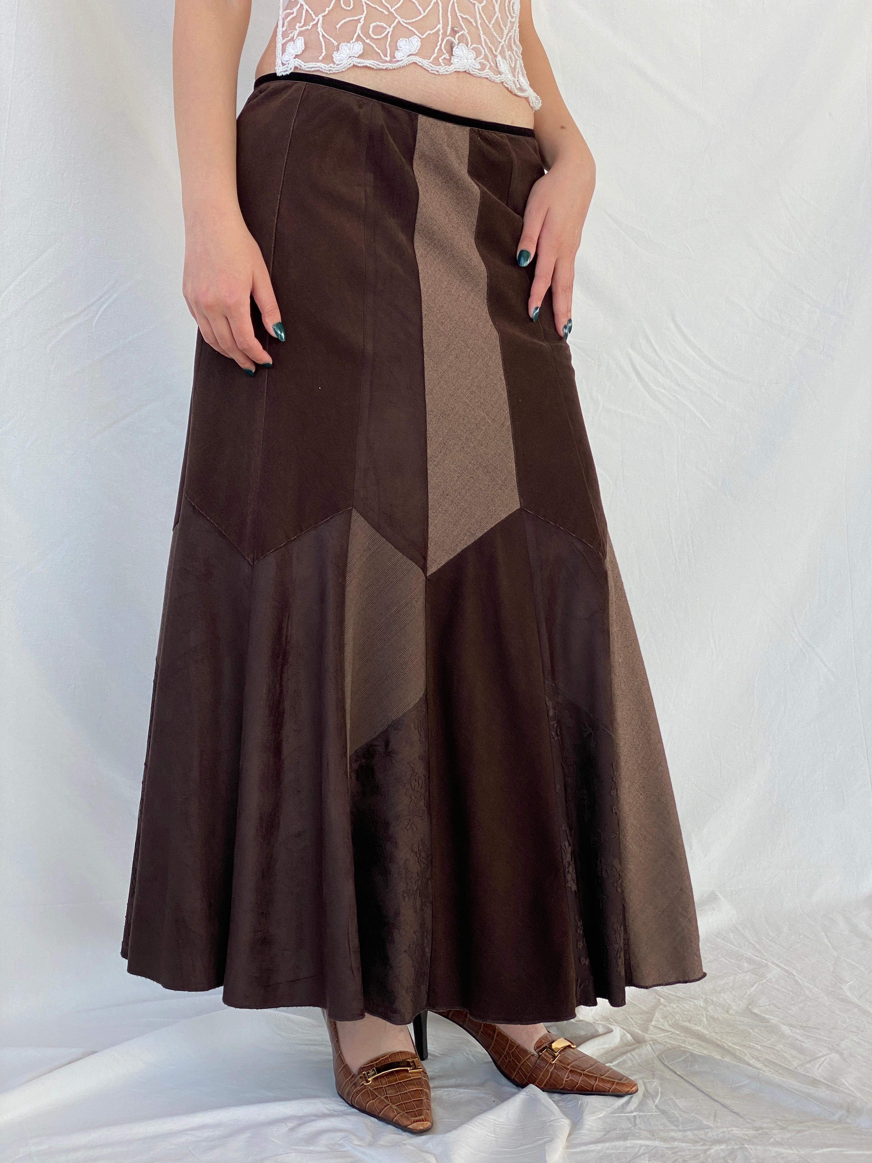 Y2K Per Una Patchwork Brown Cord Velvet Maxi Skirt - L