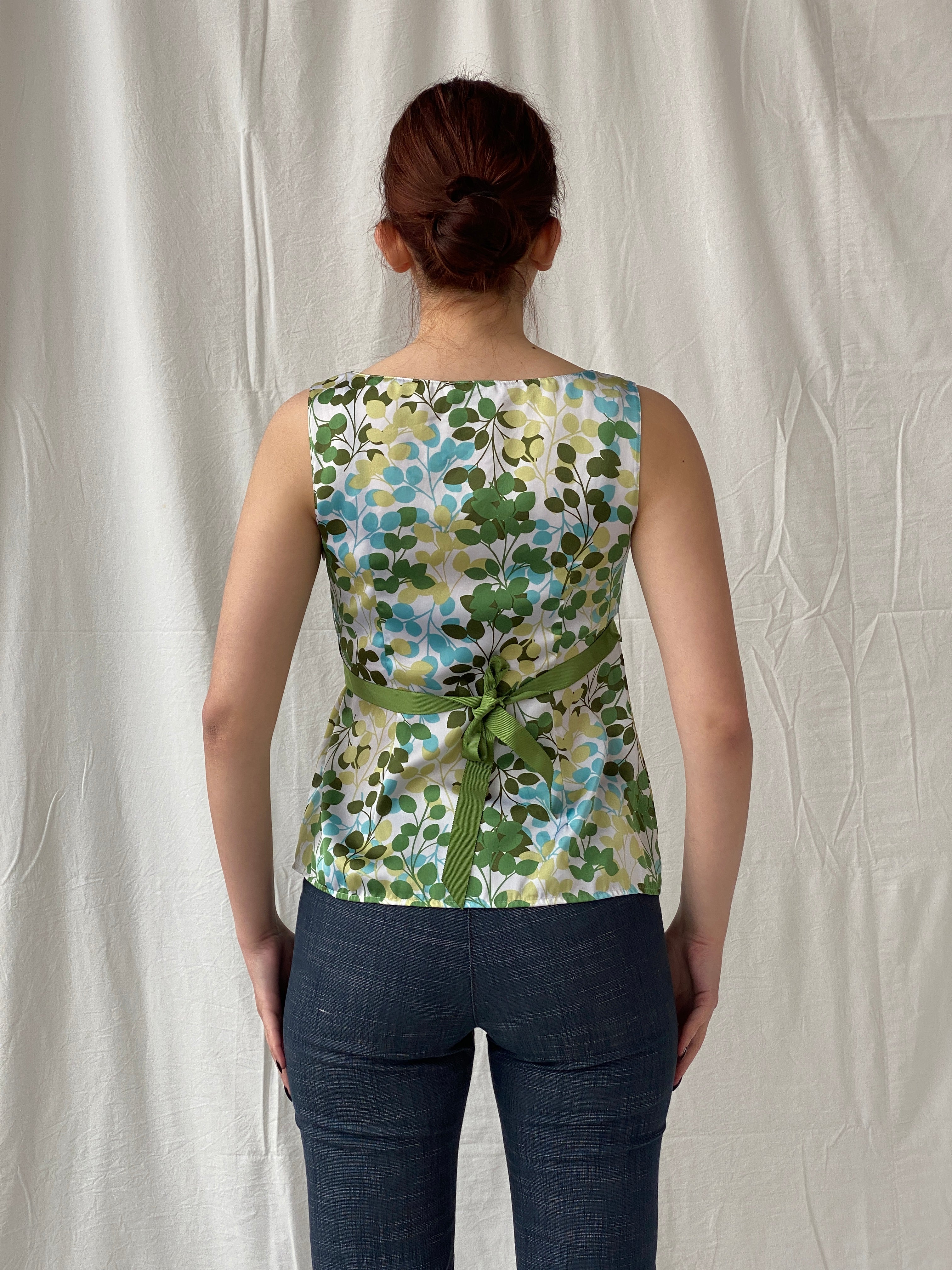 Ann Taylor LOFT Cottage Core Leaf Print Green Sleeveless Blouse - S