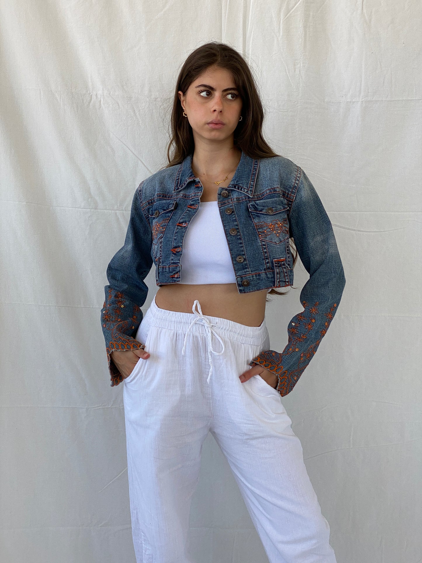 Vintage Y2K Apollo Jeans Cropped Denim Jacket With Orange Embroidery Details - M