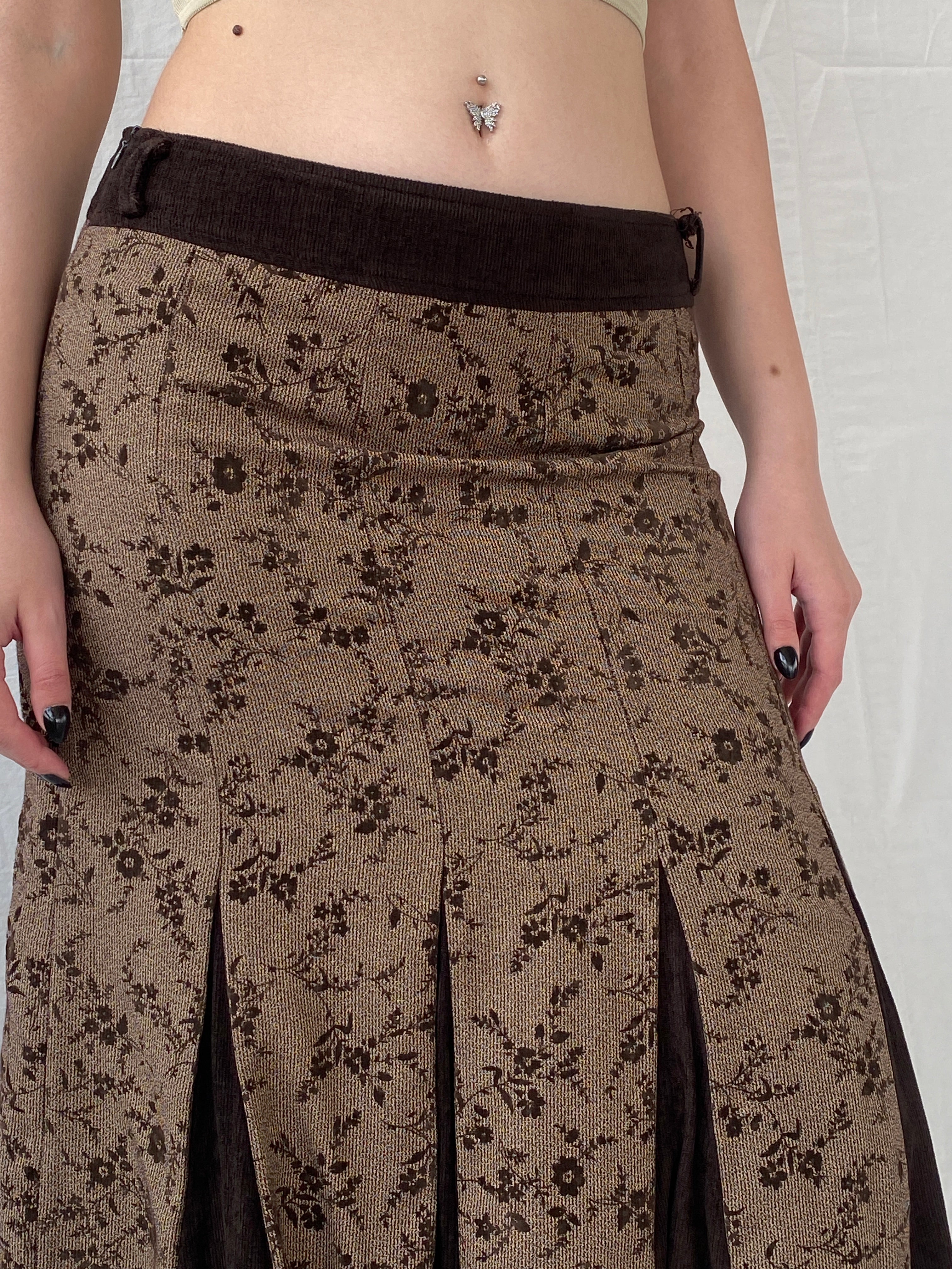 Vintage Floral Brown Lace Trim Pleated Corduroy Midi  Skirt - M