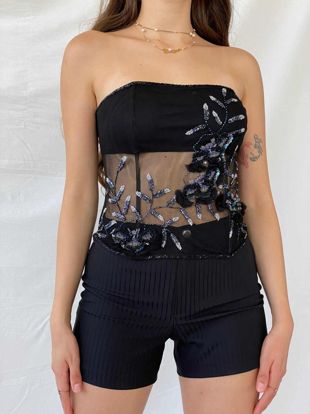 كورسيه أسود شفاف شبه مزين بالخرز من التسعينيات - مقاس صغير