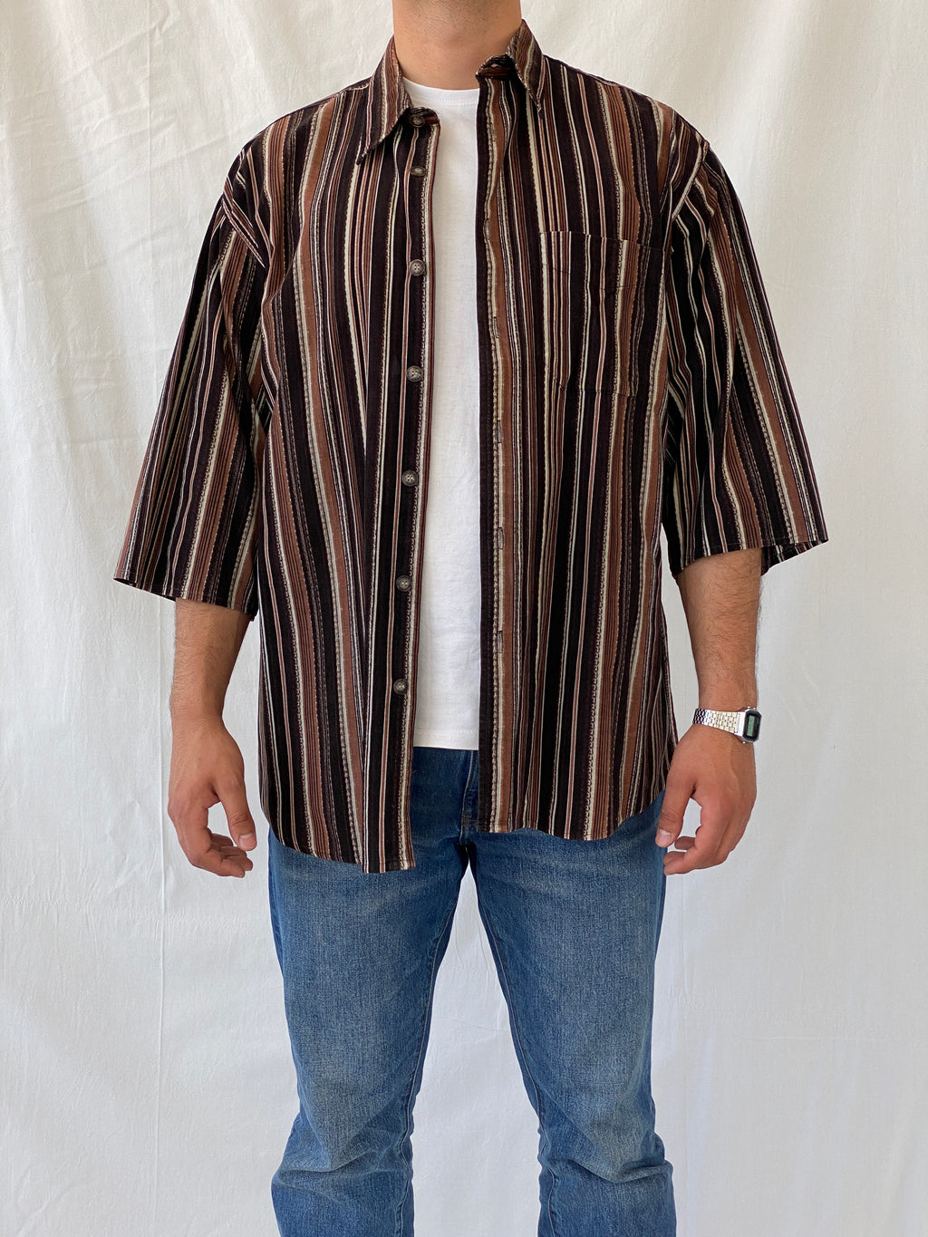 Vintage Him Collection Brown Striped Cotton Oversized Fit Corduroy Button Down Men’s Shirt - XL