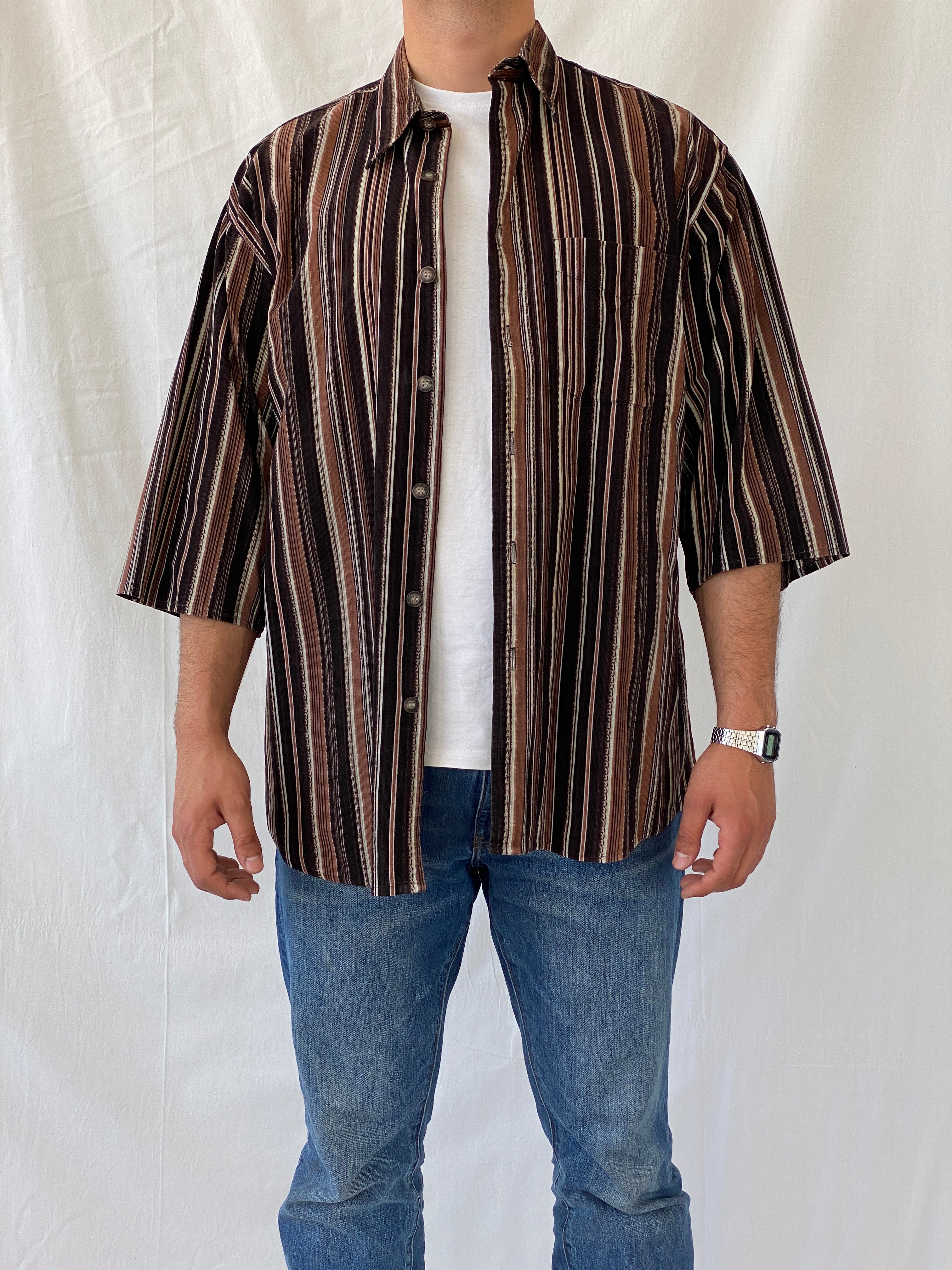 Vintage Him Collection Brown Striped Cotton Oversized Fit Corduroy Button Down Men’s Shirt - XL
