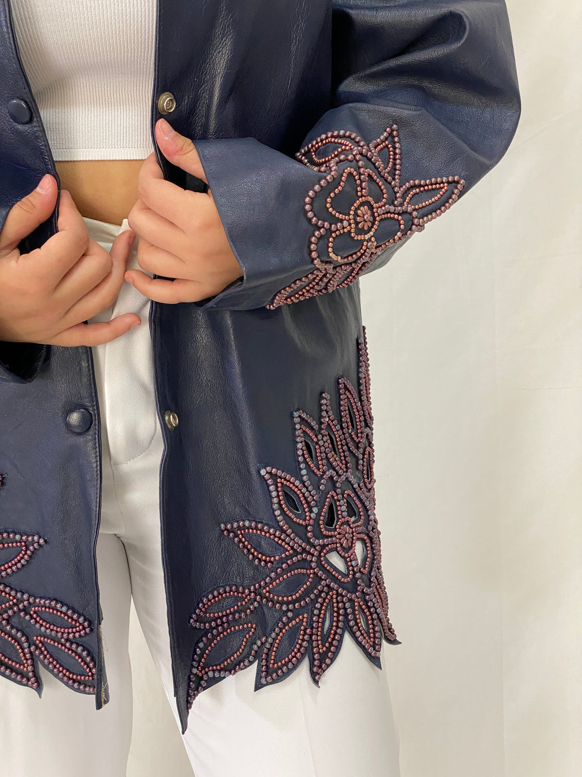 Vintage KOSHAR Genuine Leather Duster Coat Navy Beaded Cut-Out Floral Jacket - XL Vintage KOSHAR Genuine Leather Duster Coat Navy Beaded Cut-Out Floral Jacket - XL