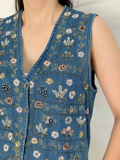 Vintage 90s New Directions Floral Embroidered Beaded Denim Vest – S
