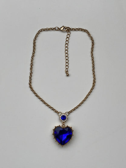 Vintage Gold Tone Royal Blue Heart Pendant Necklace with Rhinestones – Statement Charm