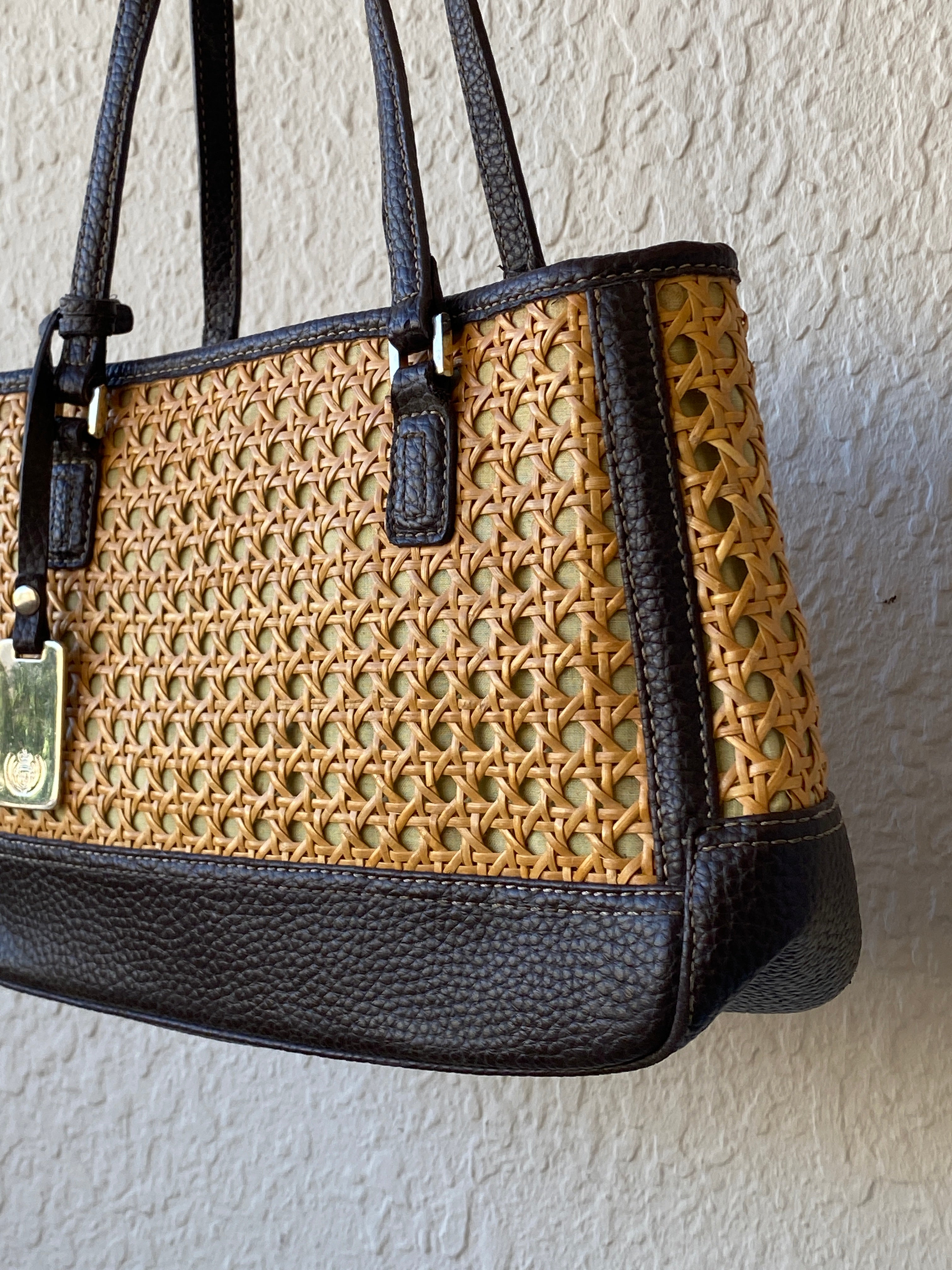 Liz Claiborne Woven Rattan Vegan Brown Leather Straw Shoulder Bag