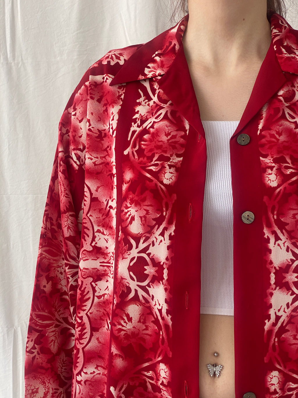 Vintage 90s Le Caviar Red & White Floral Full Sleeve Women’s Shirt - M