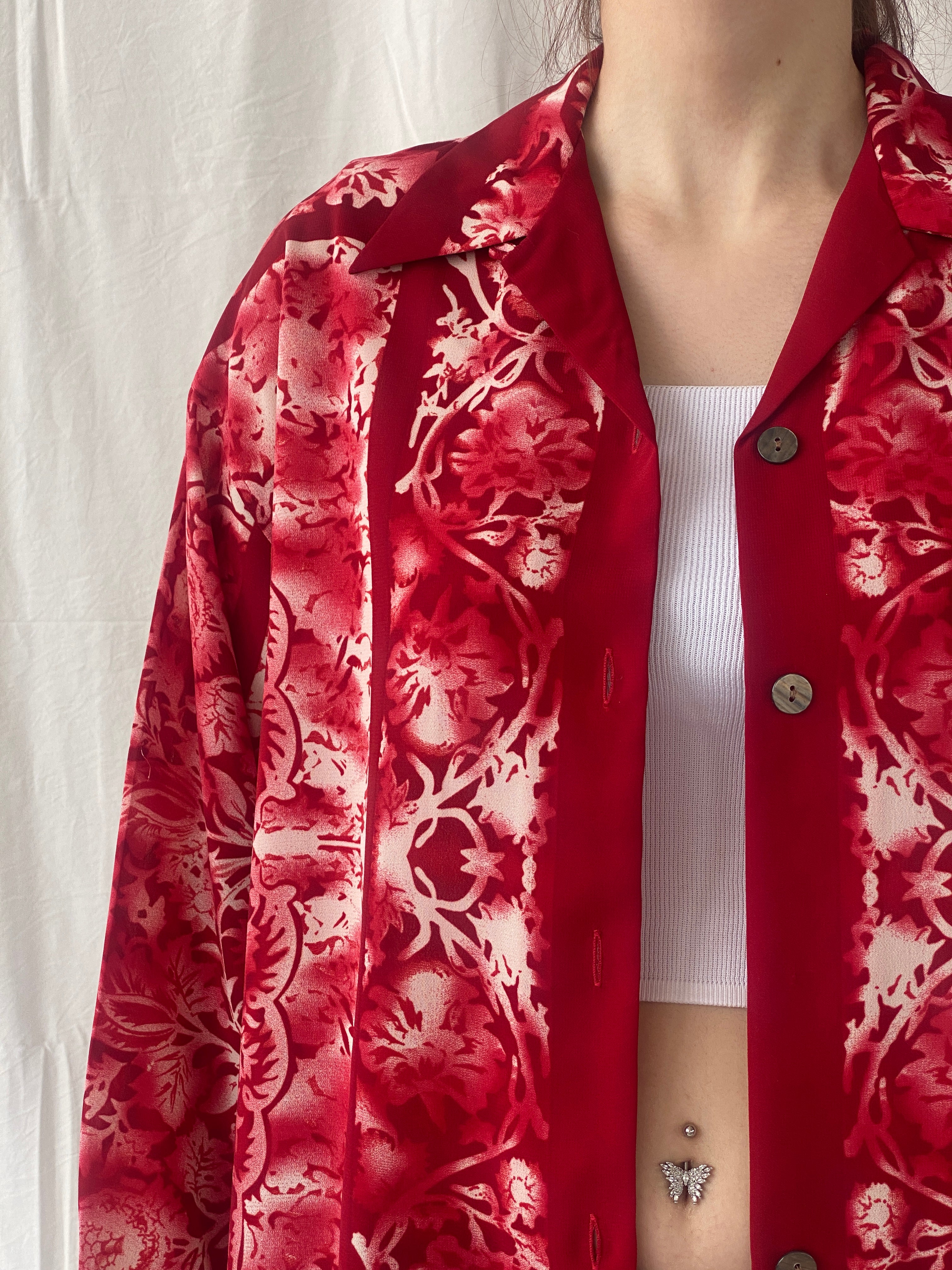 Vintage 90s Le Caviar Red & White Floral Full Sleeve Women’s Shirt - M