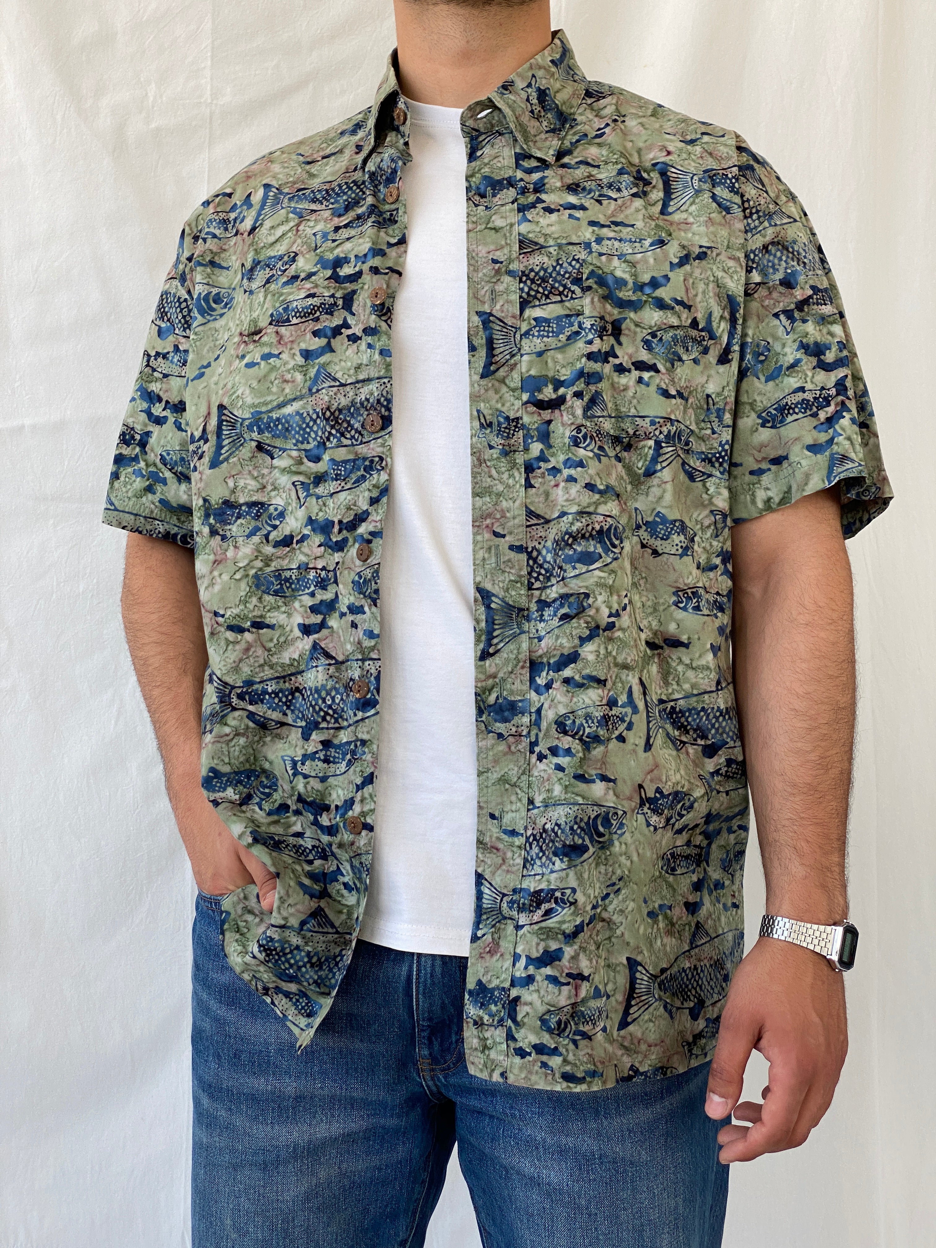 Redington Men’s Short Sleeve Tie Dye Green Fishing Button Up Fish Print Shirt - L