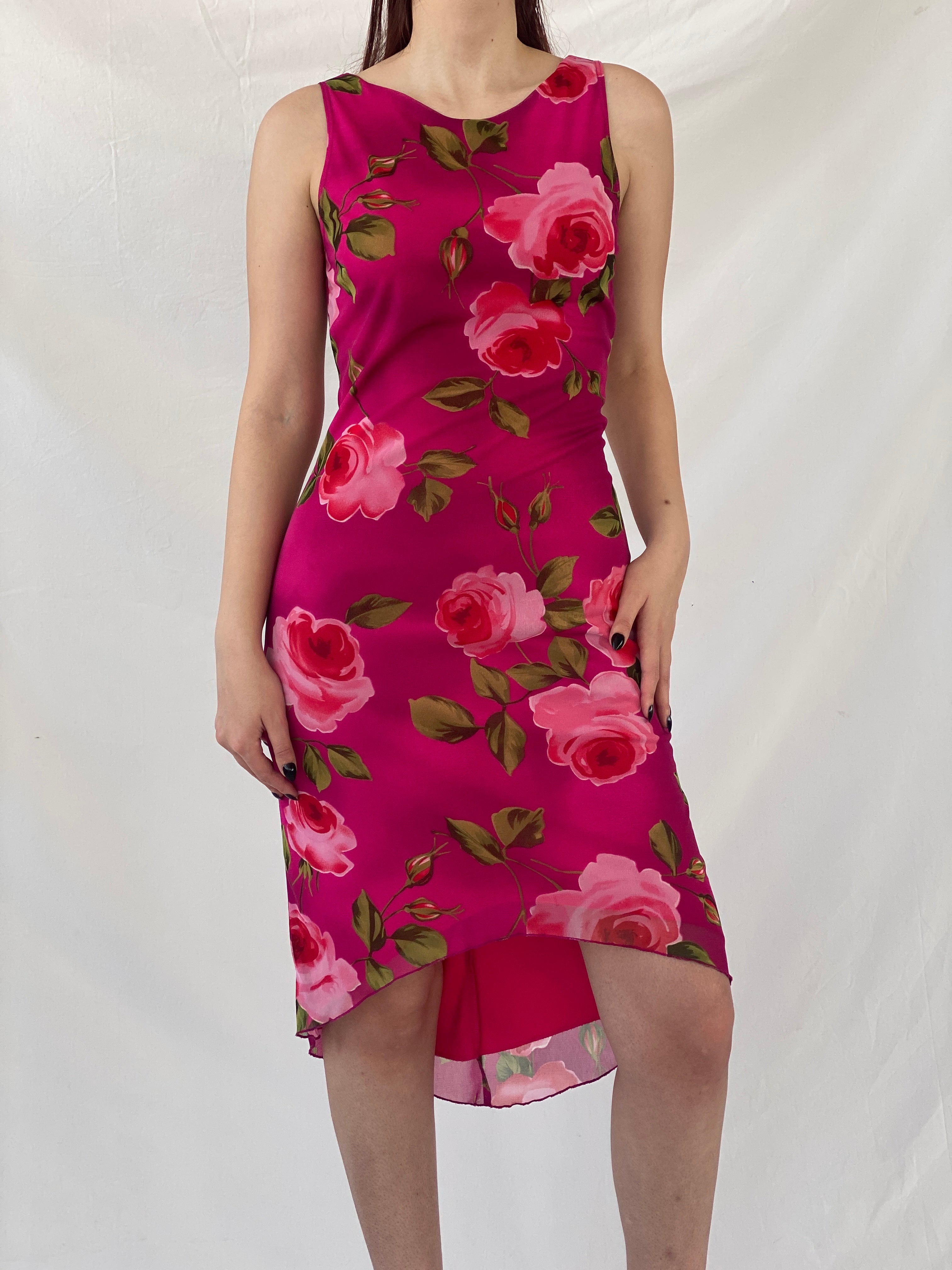 Vintage 90s Tropical Floral Midi Pink Sleeveless Dress - M