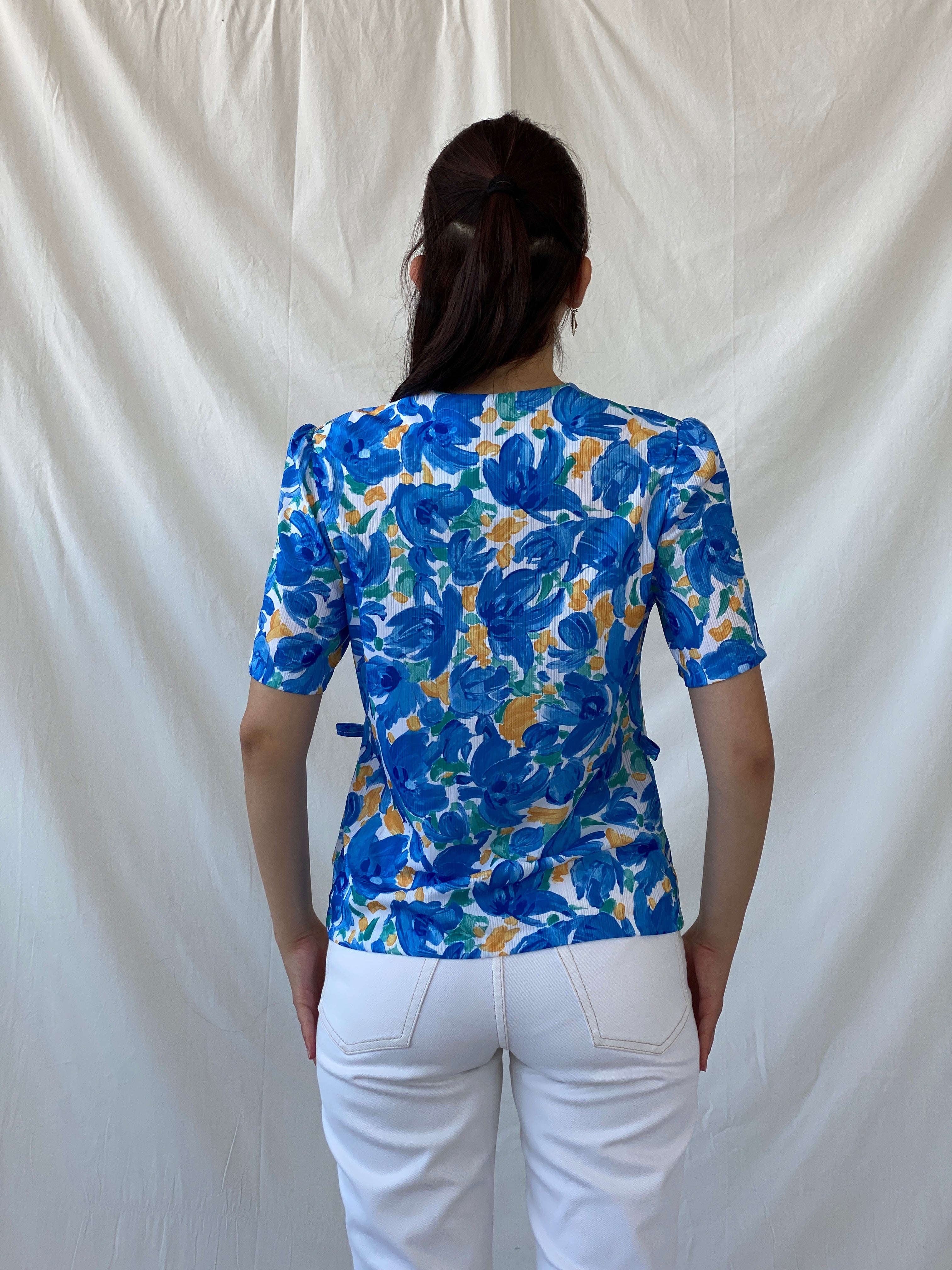 Elegant 90s Blue Orange Handmade Watercolor Floral Women’s Shirt - M