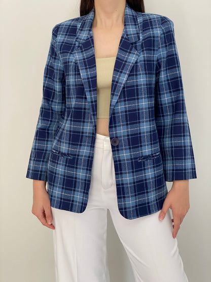 Vintage 90s Modern Essentials Blue Plaid Single-Breasted Blazer - M