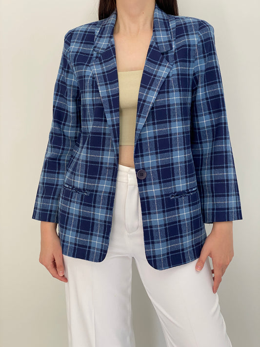 Vintage 90s Modern Essentials Blue Plaid Single-Breasted Blazer - M