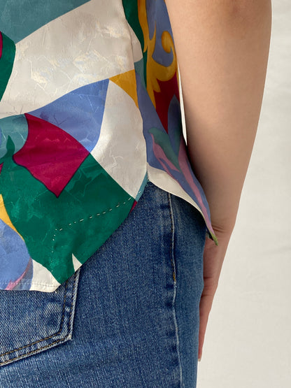 Vintage 90s Philippe Marques Abstract Print Structured Shoulder Short Sleeve Top - M