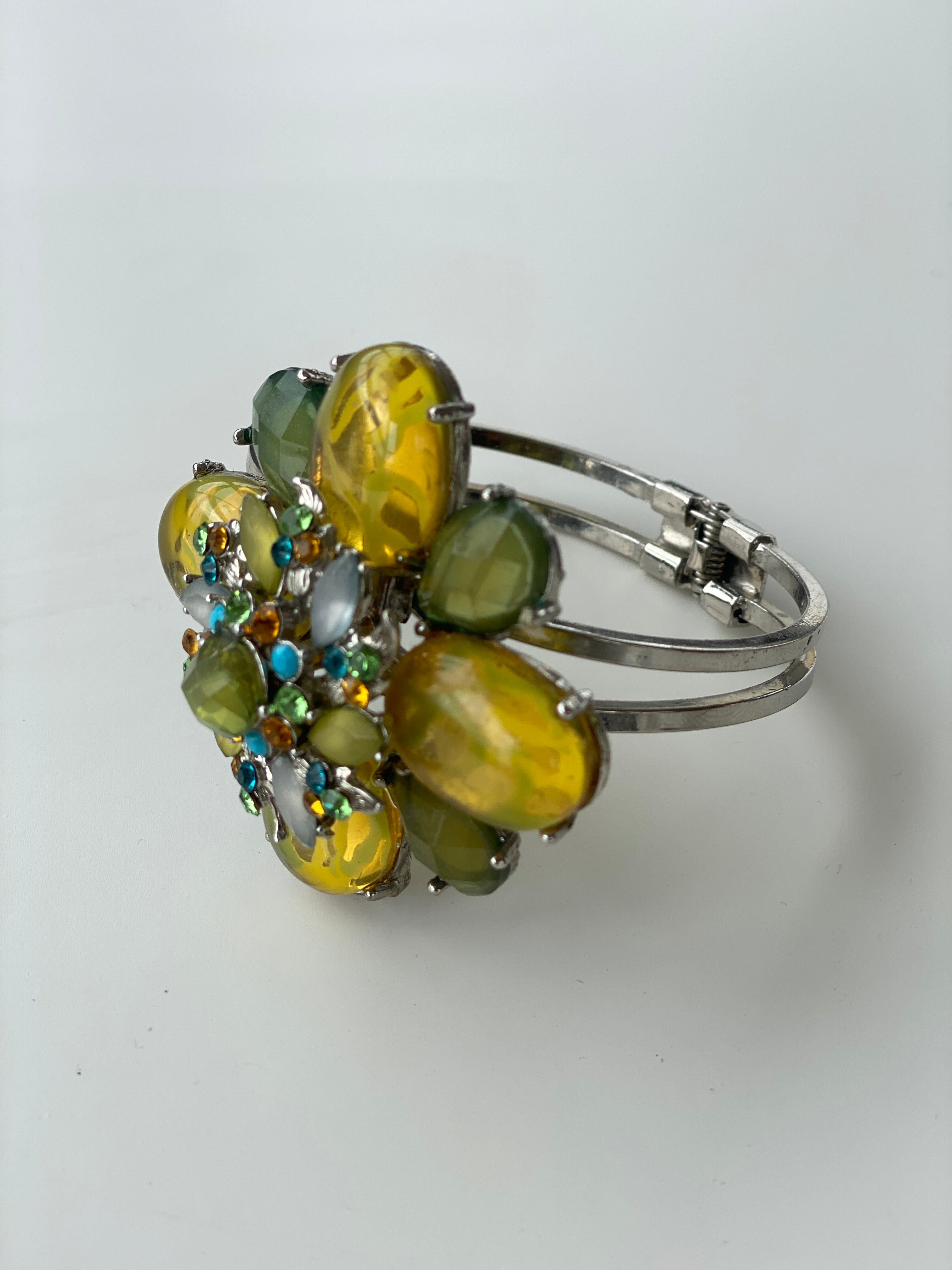 Statement Flower Design Rhinestone Silver Cuff Bracelet