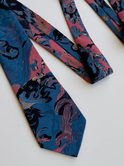 Vintage 1990s Made in Germany Blue Pink Abstract Floral Necktie