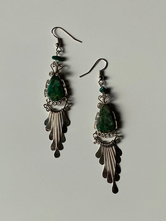 Artisan Wire-Wrapped Stone Drop Earrings – Green Turquoise-Tone with Silver Fringe Dangles