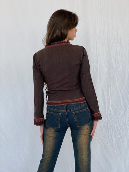 Vintage Femmes Je Vous Aime Brown Wrap Top - M