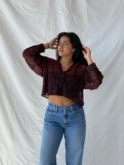 Vintage 90s 3K Fashion Cropped Black And Red Sheer Shirt - L