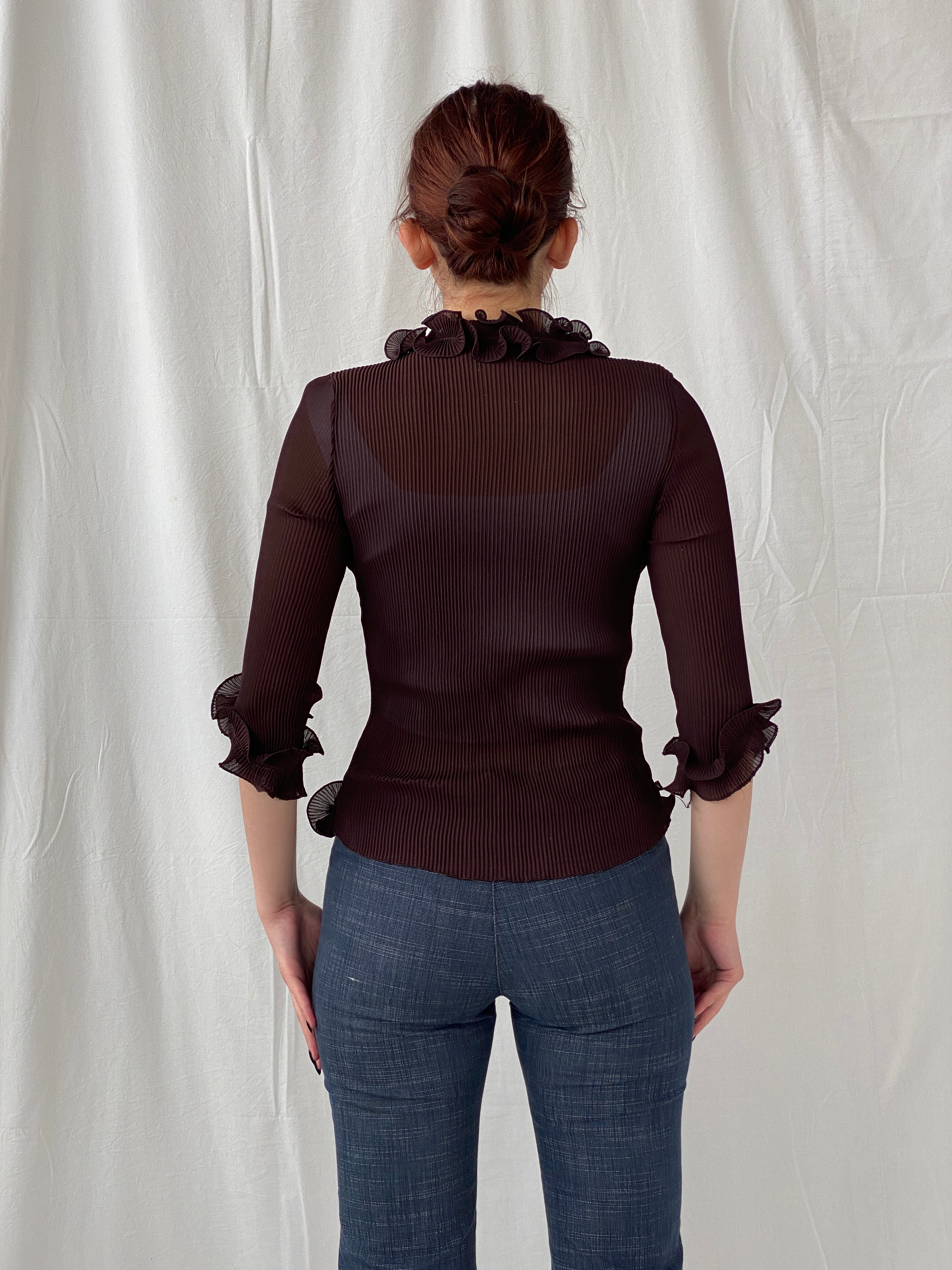 Y2K Fix Chung Ruffled Blouse Sheer Ribbed Brown Women’s Shirt - M
