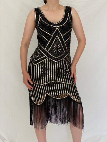 Vintage Art Deco Gatsby Black & Gold Sequin Fringe Cocktail Dress –  S