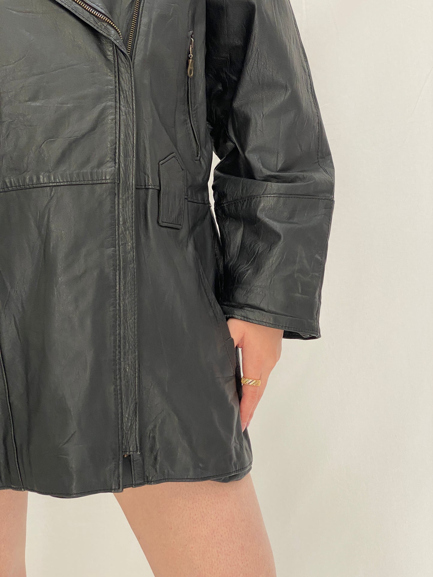 Vintage 90s Genuine Leather Moto Jacket Black Oversized Biker Coat - XL