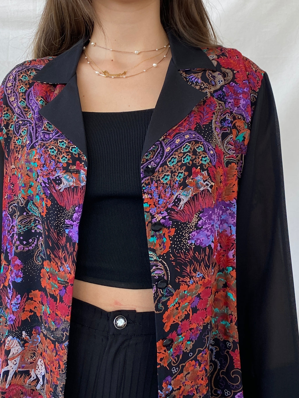 Vintage Handmade Multicolor Semi Sheer Paisley Print Black Shirt - L