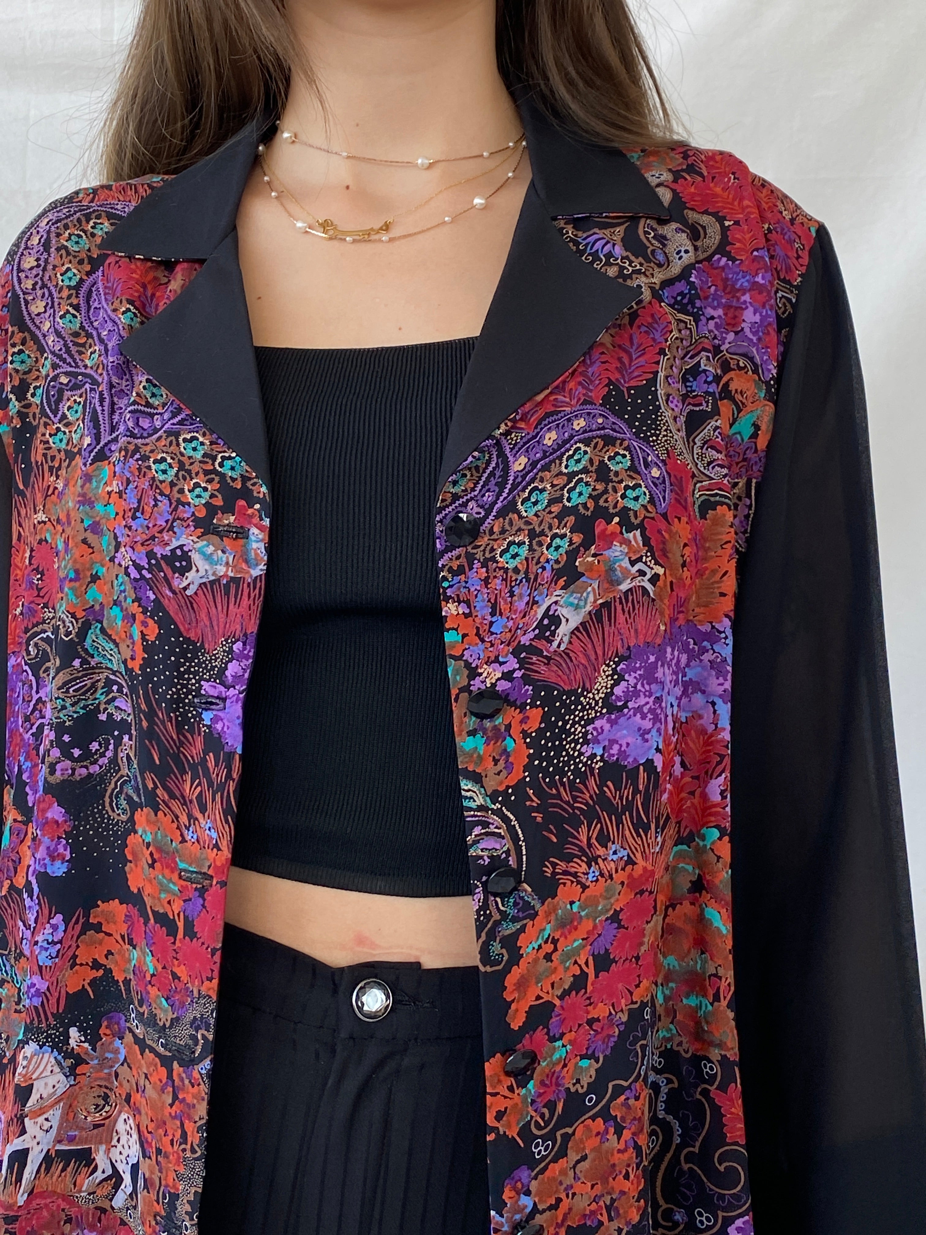 Vintage Handmade Multicolor Semi Sheer Paisley Print Black Shirt - L