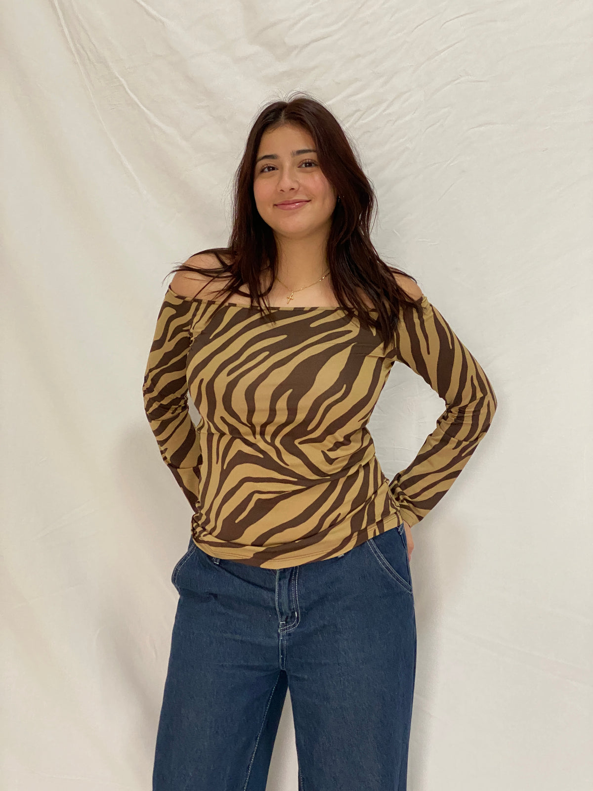 Vintage Juan Brise Brown Zebra Print Off-Shoulder Long Sleeve Stretch Top - L Vintage Juan Brise Brown Zebra Print Off-Shoulder Long Sleeve Stretch Top - L