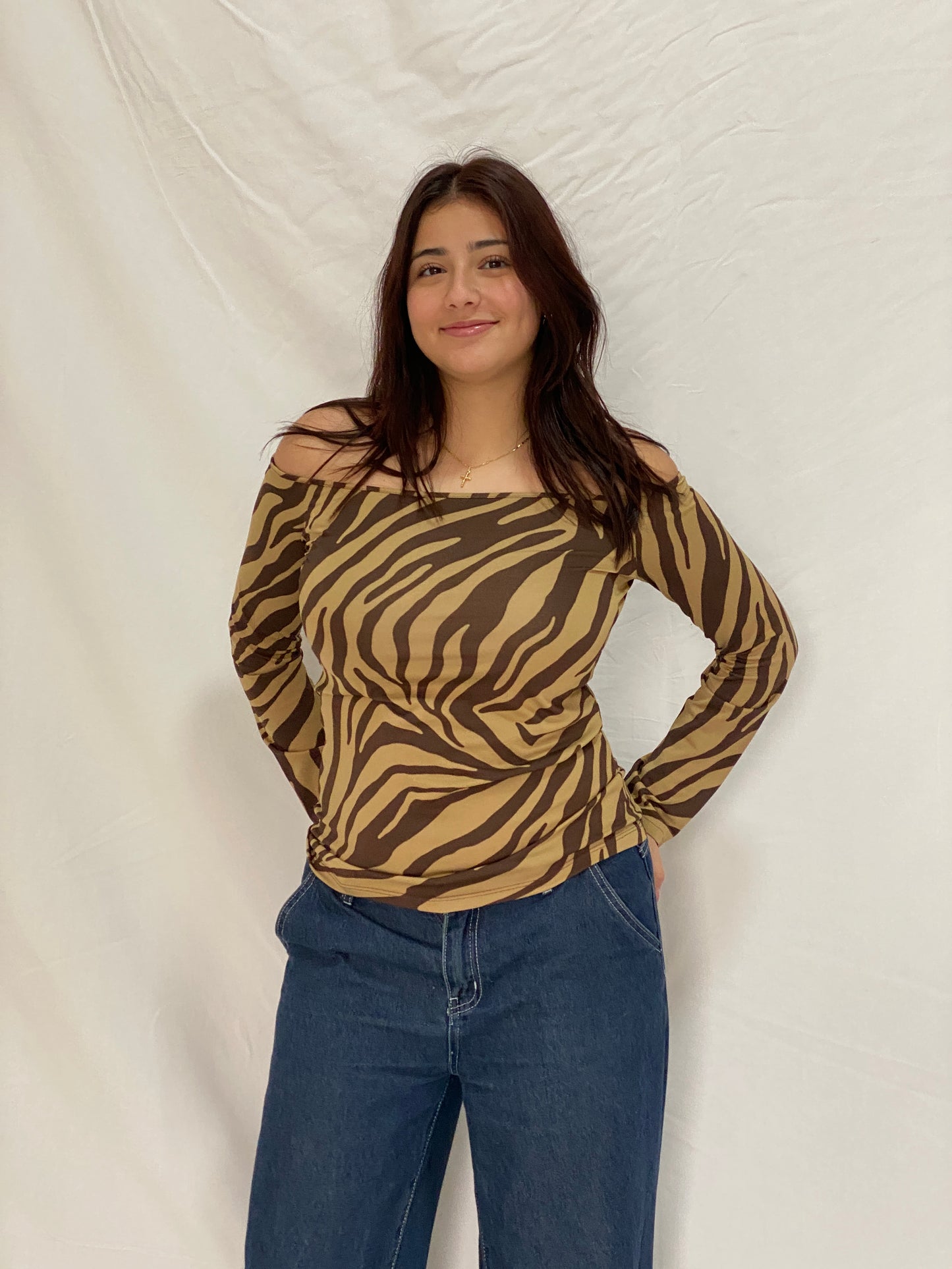 Vintage Juan Brise Brown Zebra Print Off-Shoulder Long Sleeve Stretch Top - L