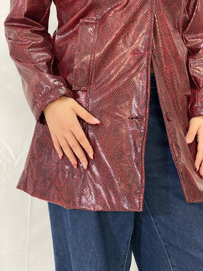 Vintage Burgundy Snakeskin Faux Leather Lined Coat with Leopard Print Interior – M
