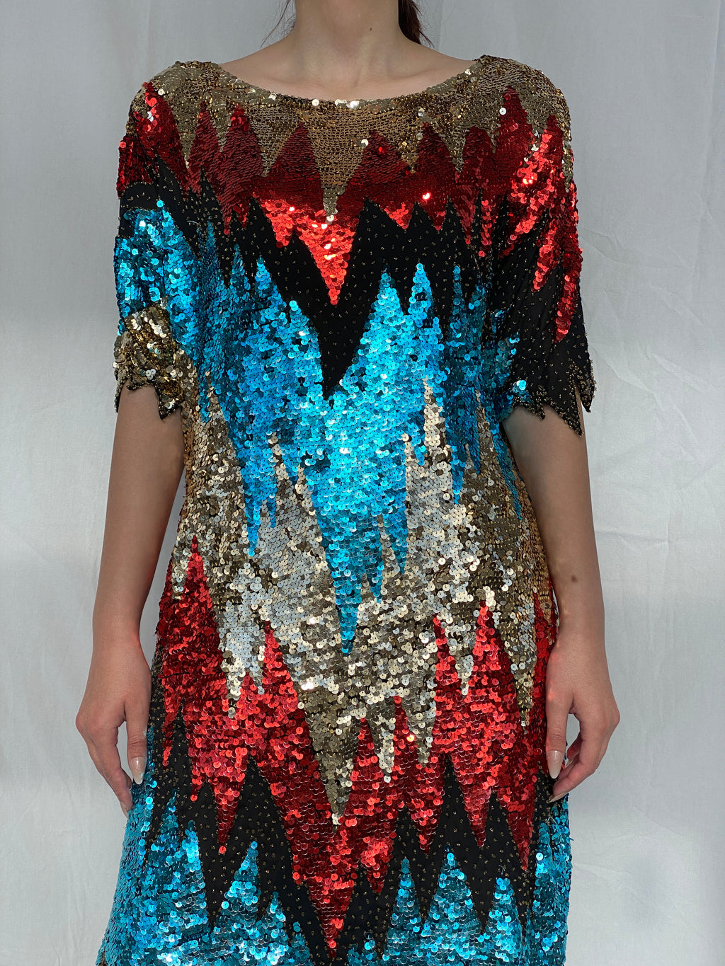 Vintage Iris Zig Zag Sequin and Sheer Midi Party Dress - L