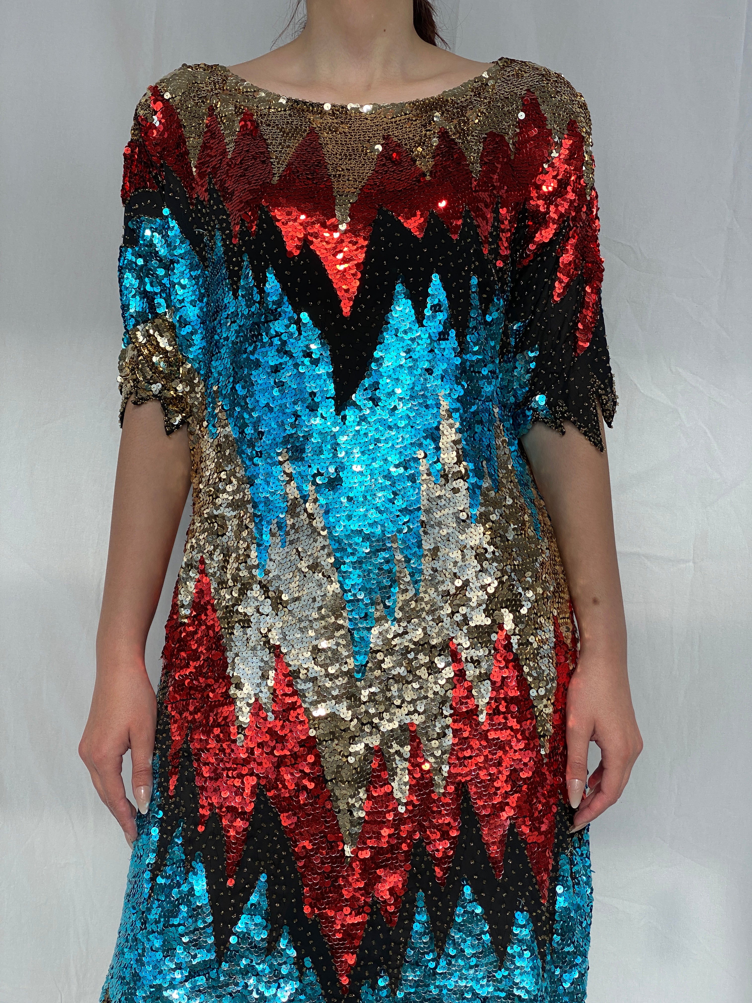 Vintage Iris Zig Zag Sequin and Sheer Midi Party Dress - L