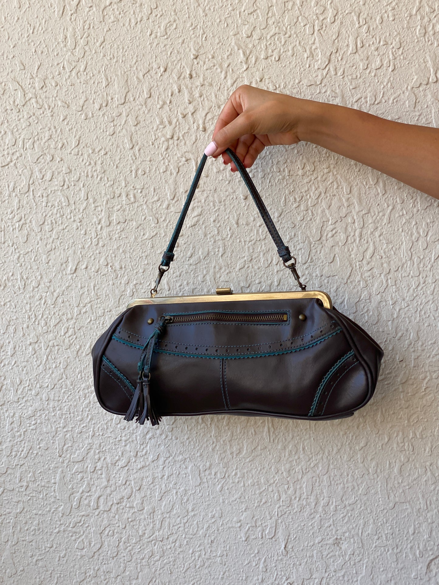 Vintage Y2K Worthington Brown PVC Teal Trim Frame Shoulder Bag